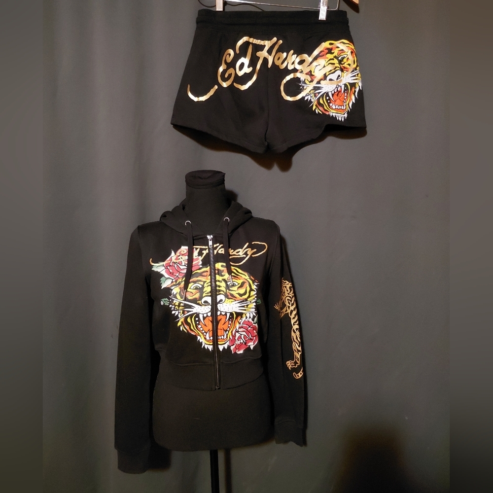 Ed Hardy Black Tiger Y2K Style Hoodie & Shorts Sweatsuit Set Size Medium NWT